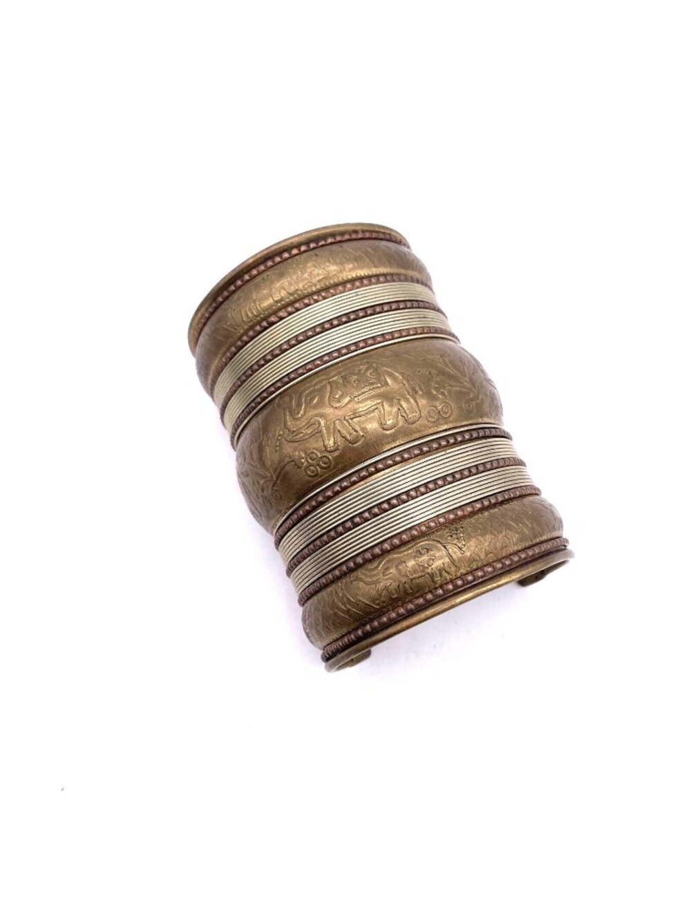 Vintage Brass Cuff Bracelet With Intricate Etched Animal Design Copper Accents
